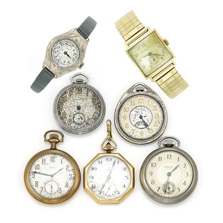 Appraisal: Five Gold-Filled and Metal Open Face Pocket Watches and Two