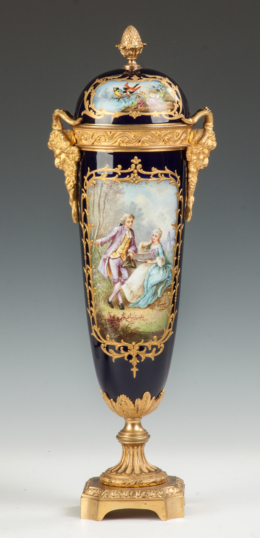 Appraisal: Sevres Hand Painted Porcelain Covered Urn th century Gilt bronze