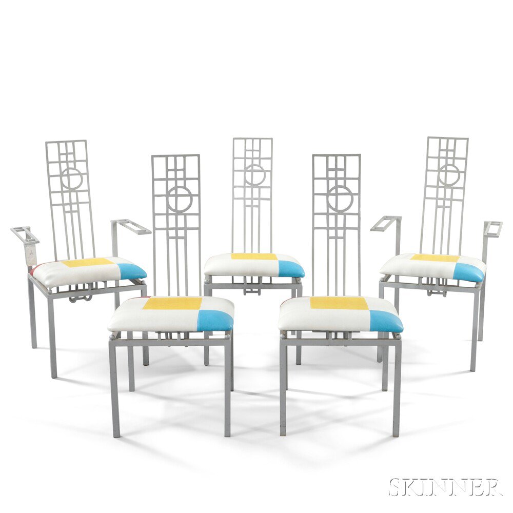 Appraisal: Five French Moderne Dining Chairs Painted steel upholstery France th