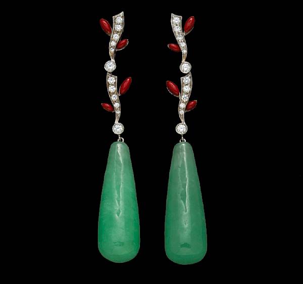 Appraisal: A pair of jadeite jade diamond and red enamel drop