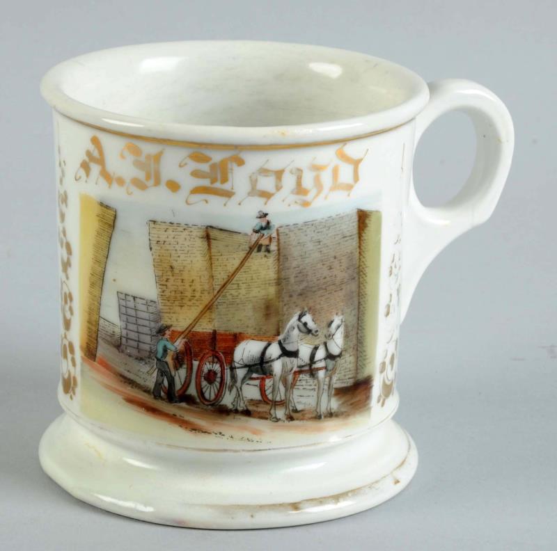 Appraisal: Lumber Yard Shaving Mug Mug depicts lumber being loaded onto