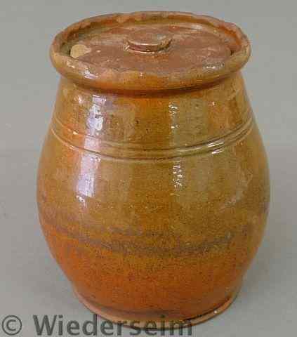 Appraisal: Pennsylvania German glazed redware covered jar th c ex-collection of