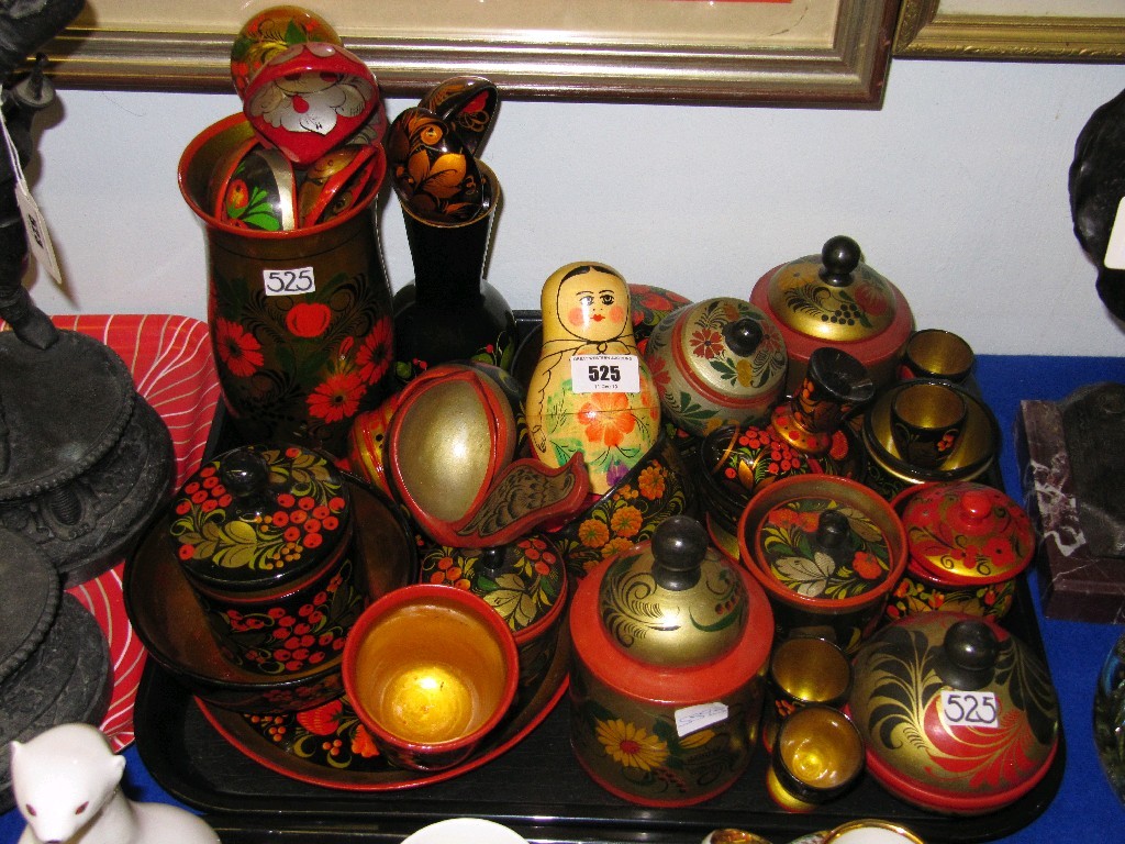 Appraisal: Tray lot of assorted Russian wooden items - Russian Dolls