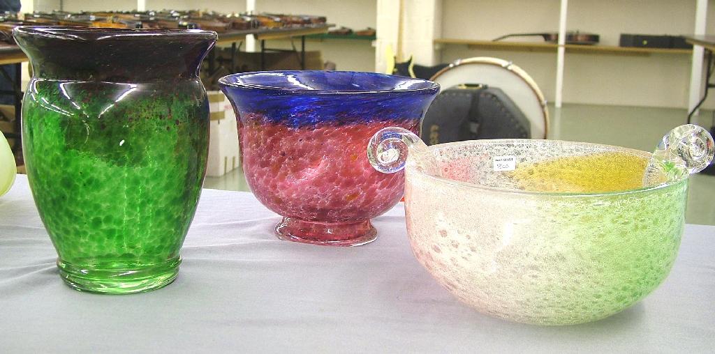 Appraisal: Three various mottled coloured glass vases in the style of