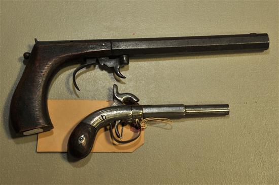 Appraisal: TWO SINGLE SHOT PERCUSSION PISTOLS Under hammer in caliber with