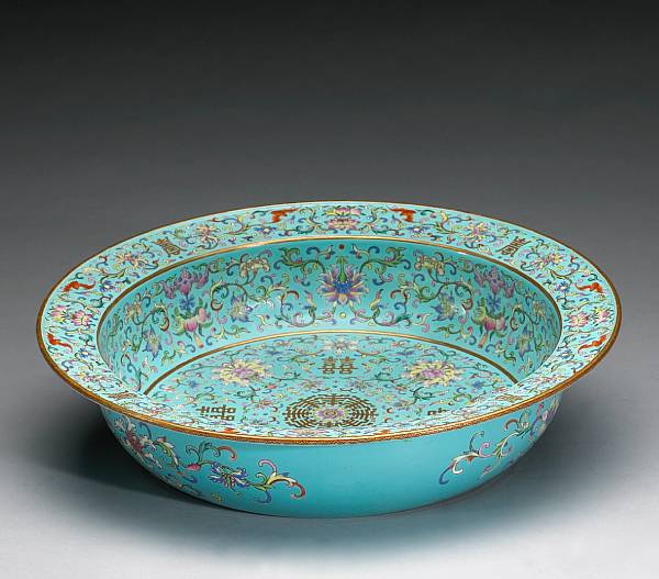 Appraisal: A turquoise ground enameled porcelain basin with famille rose and