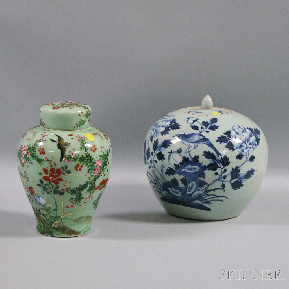 Appraisal: Two Covered Ginger Jars a celadon-glazed jar with birds and