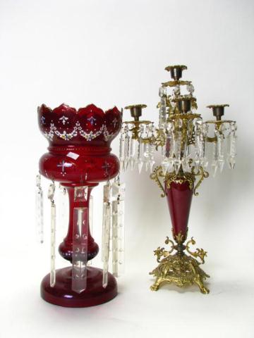 Appraisal: Ruby glass cut-to-clear lustre with prisms and '' -branch candlestick