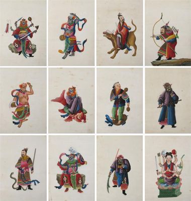 Appraisal: An album containing twelve Chinese rice paper paintings depicting warriors