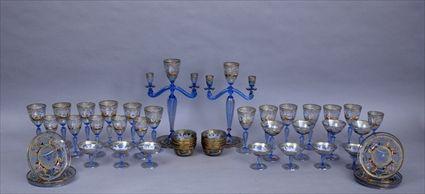 Appraisal: VENETIAN ENAMELED BLUE-TINTED GLASS PART TABLE SERVICE Comprising a pair