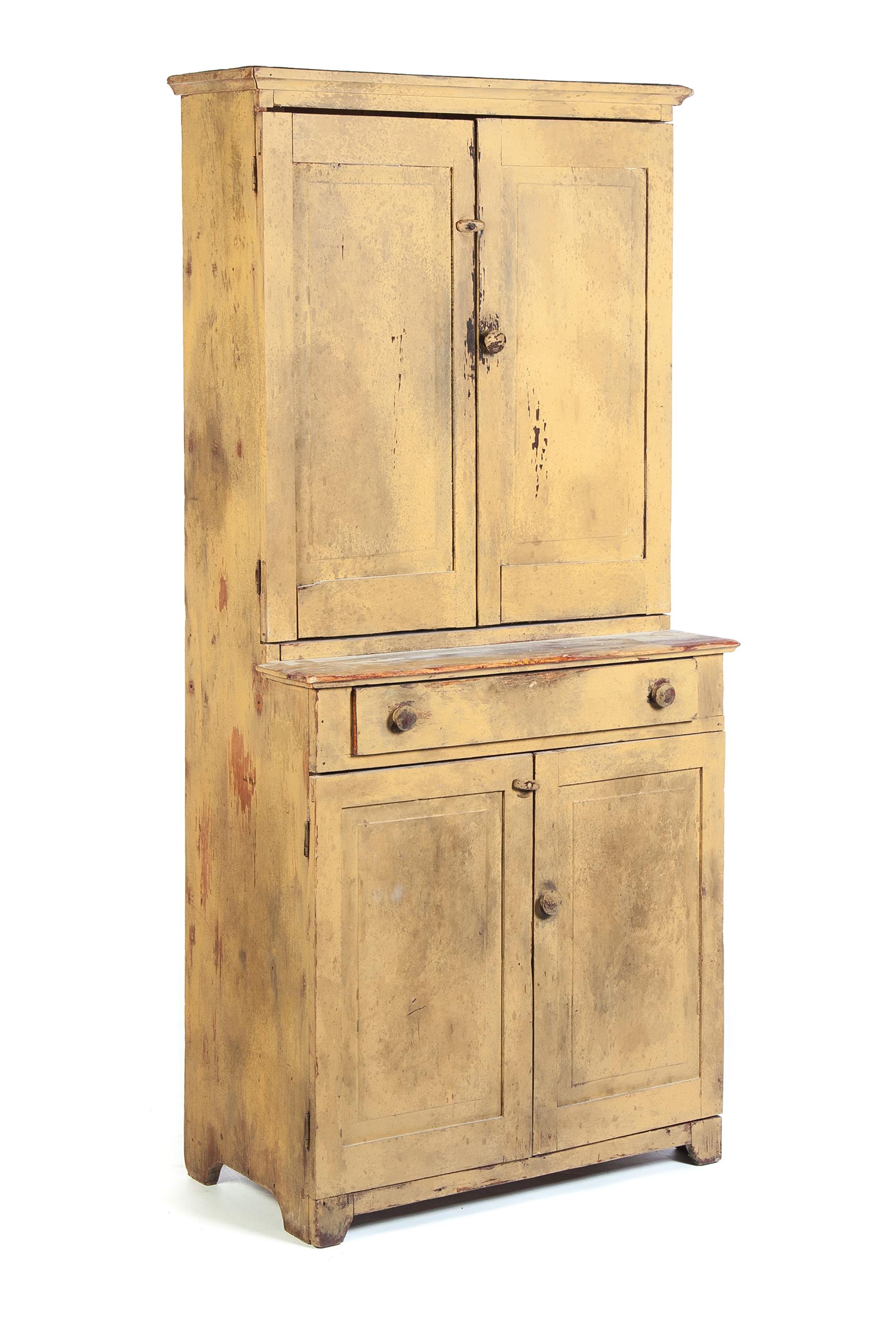 Appraisal: PRIMITIVE PAINTED ONE-PIECE STEPBACK BLIND-DOOR CUPBOARD American th quarter- th