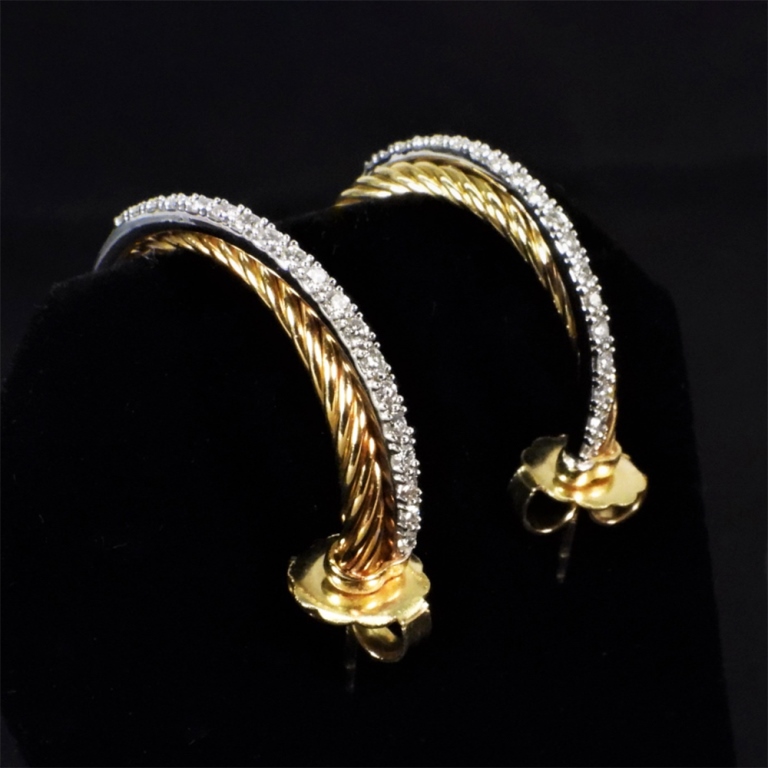 Appraisal: DAVID YURMAN K GOLD DIAMOND HOOP EARRINGS brilliant cut diamonds