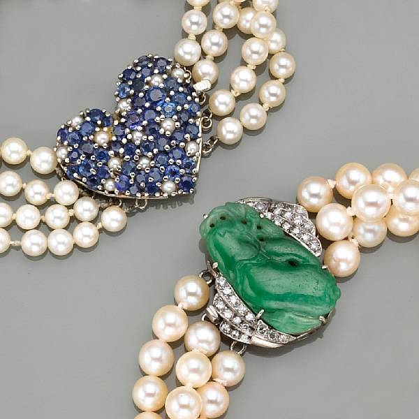 Appraisal: Two cultured pearl jade and sapphire multi-strand bracelets pearls measuring