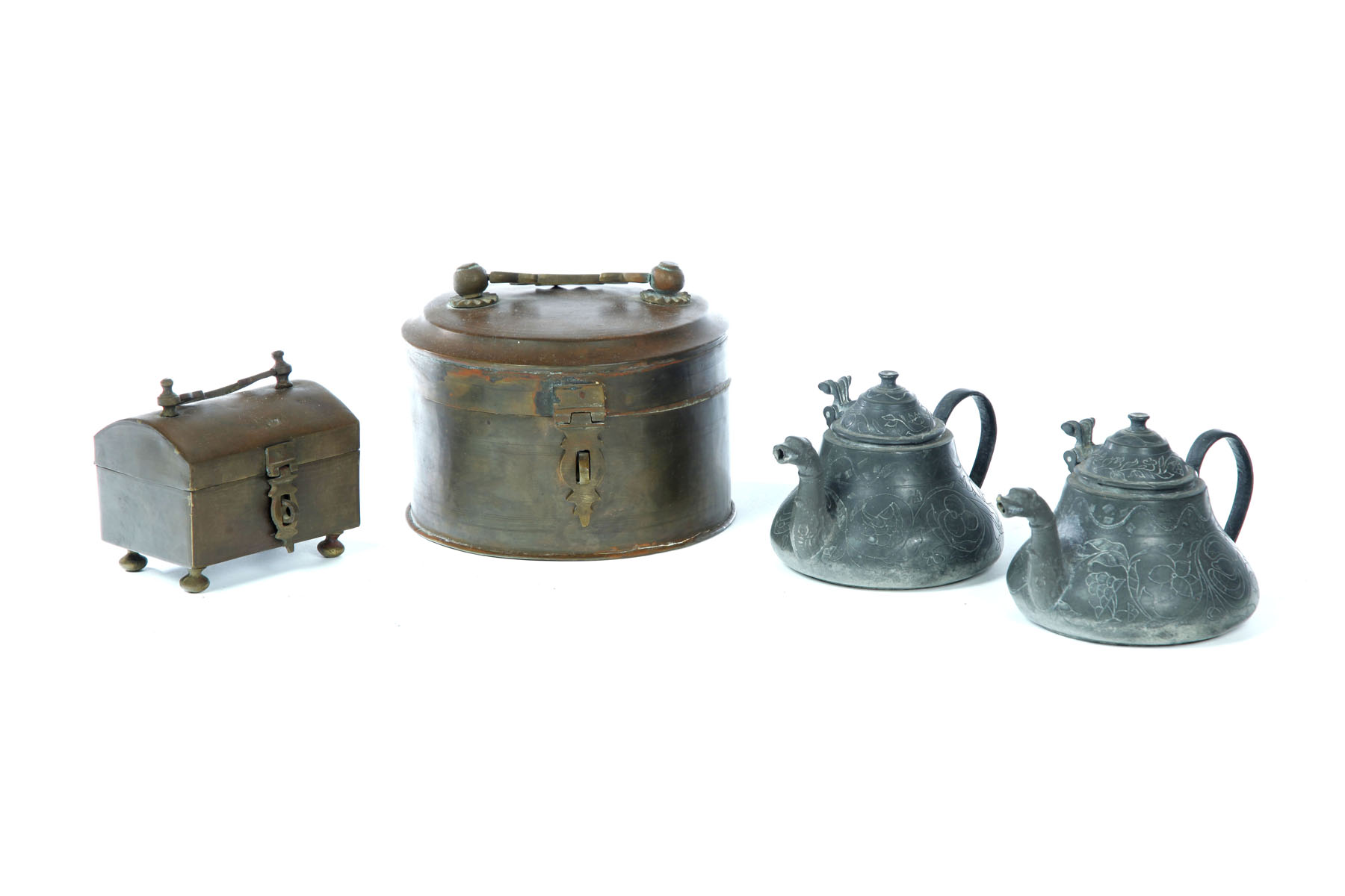 Appraisal: FOUR METALWARE ITEMS Asian th century Two pewter teapots h