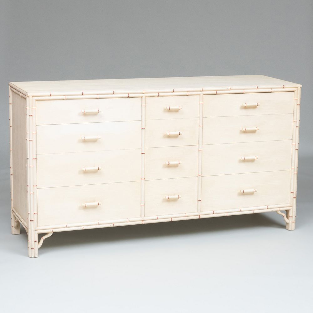 Appraisal: Modern Cream and Red Painted Faux Bamboo Chest of Drawers