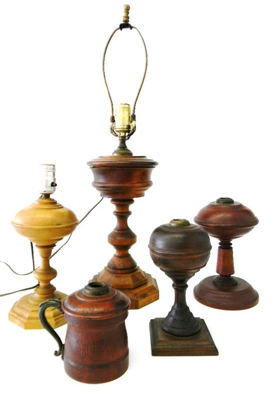 Appraisal: Five mid- th C turned wooden lamp bases mostly with