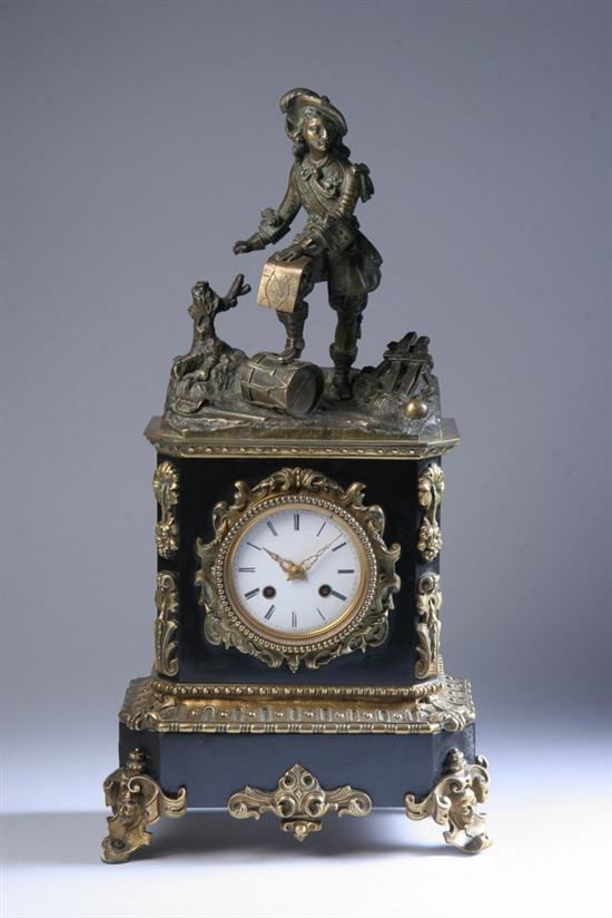 Appraisal: FRENCH BRONZE AND BLACK MARBLE CLOCK GARNITURE circa The rectangular