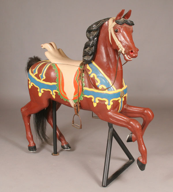 Appraisal: Carved wooden carousel horse possibly Heyn inside prancer leather fittings