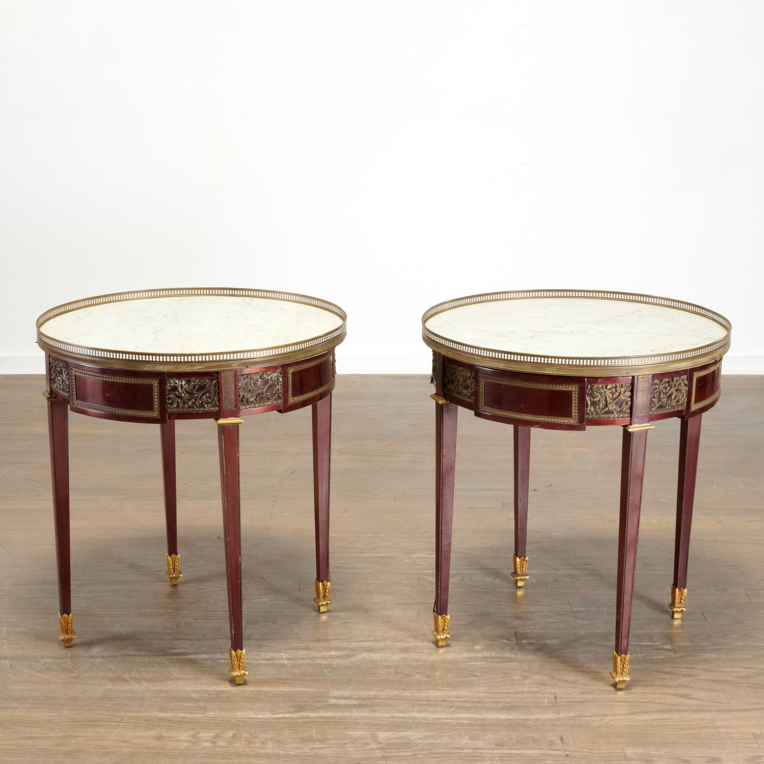 Appraisal: PAIR LOUIS XVI STYLE MARBLE TOP SIDE TABLES th th