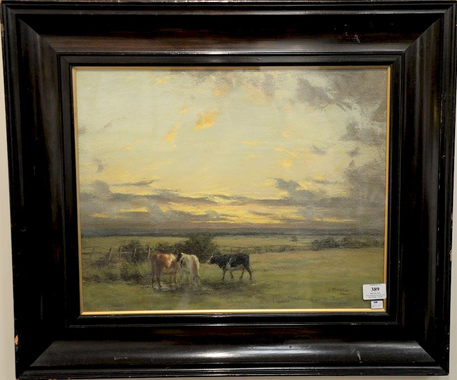 Appraisal: James Alick Riddell - oil on canvas farm sunset landscape