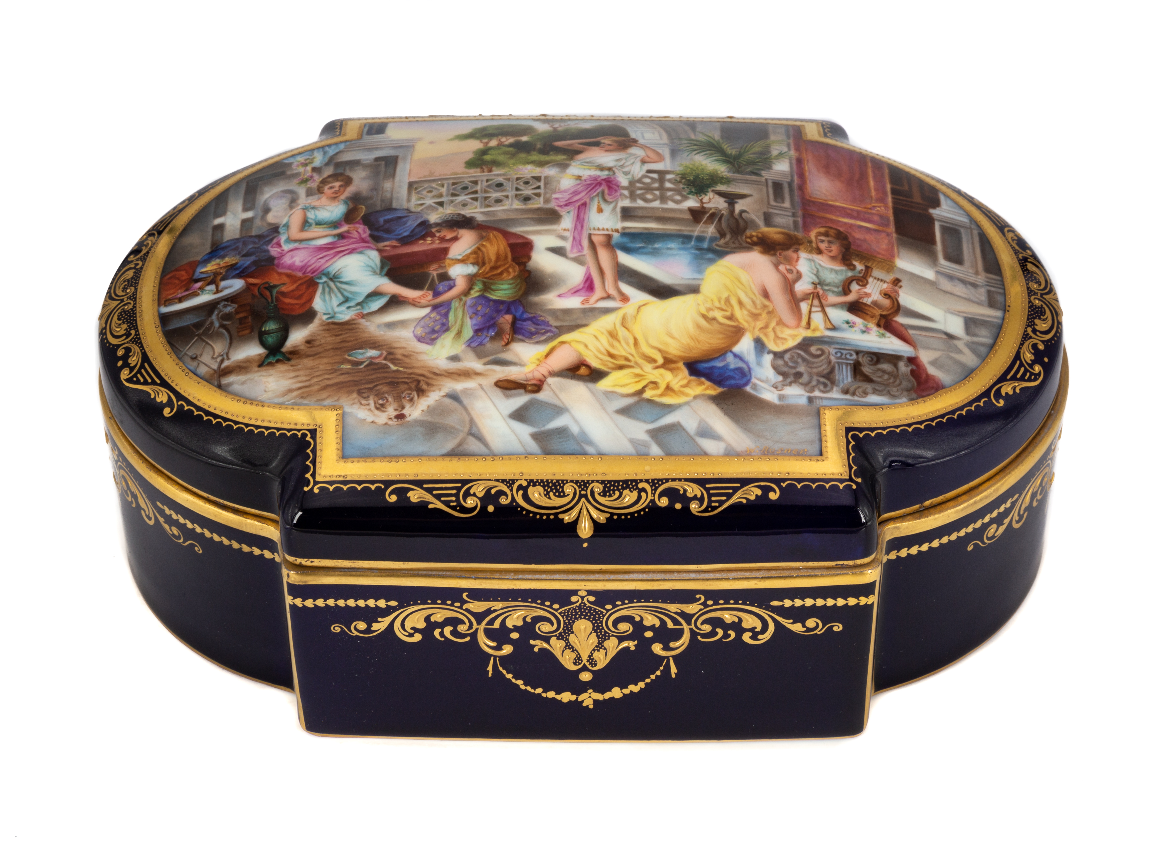 Appraisal: AUSTRIAN PORCELAIN DRESSER BOX circa Hand painted with ladies courtyard