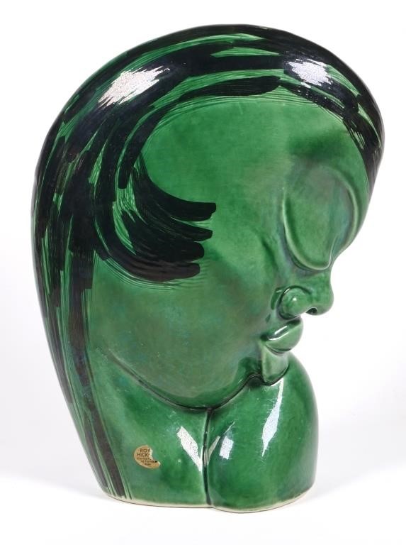 Appraisal: ROYAL HICKMAN ART POTTERY BUST VASEGreen and black glazed bust