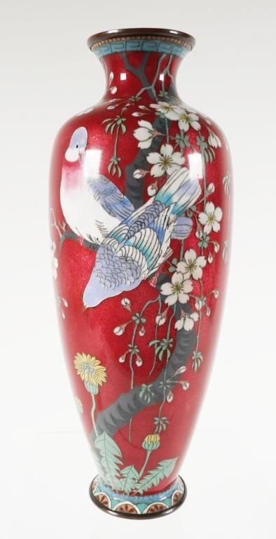 Appraisal: Japanese cloisonne vase bird and floral on red ground decorative