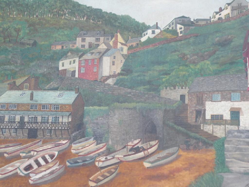 Appraisal: K Tyers Clovelly village with boats and cottages oil on