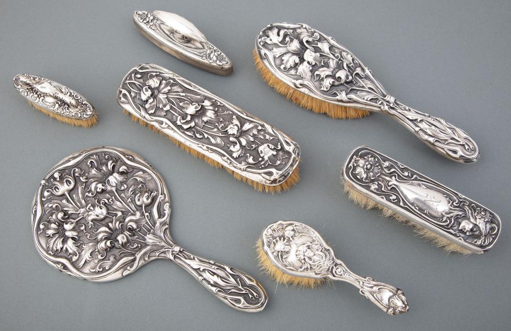 Appraisal: American Art Nouveau Sterling Silver Dresser Set Unger Brothers Newark