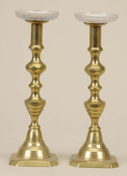 Appraisal: Lot of English Candlesticks with Glass Globes Description Circa Beehive