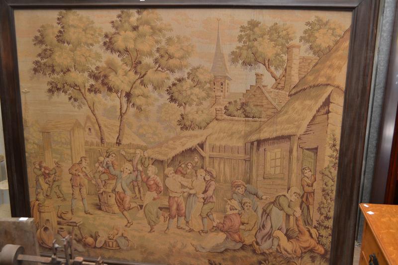 Appraisal: A LARGE ANTIQUE TIMBER FRAMED TAPESTRY DEPICTING A VILLAGE PARTY