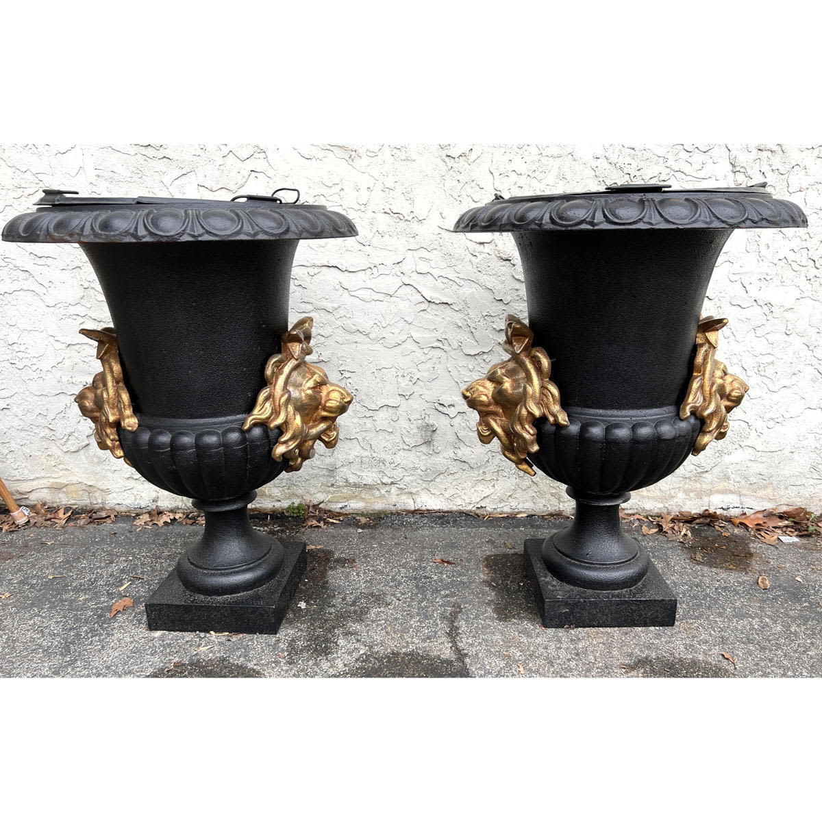 Appraisal: Pair Large Heavy Iron Urn Planters with Applied Iron Lion