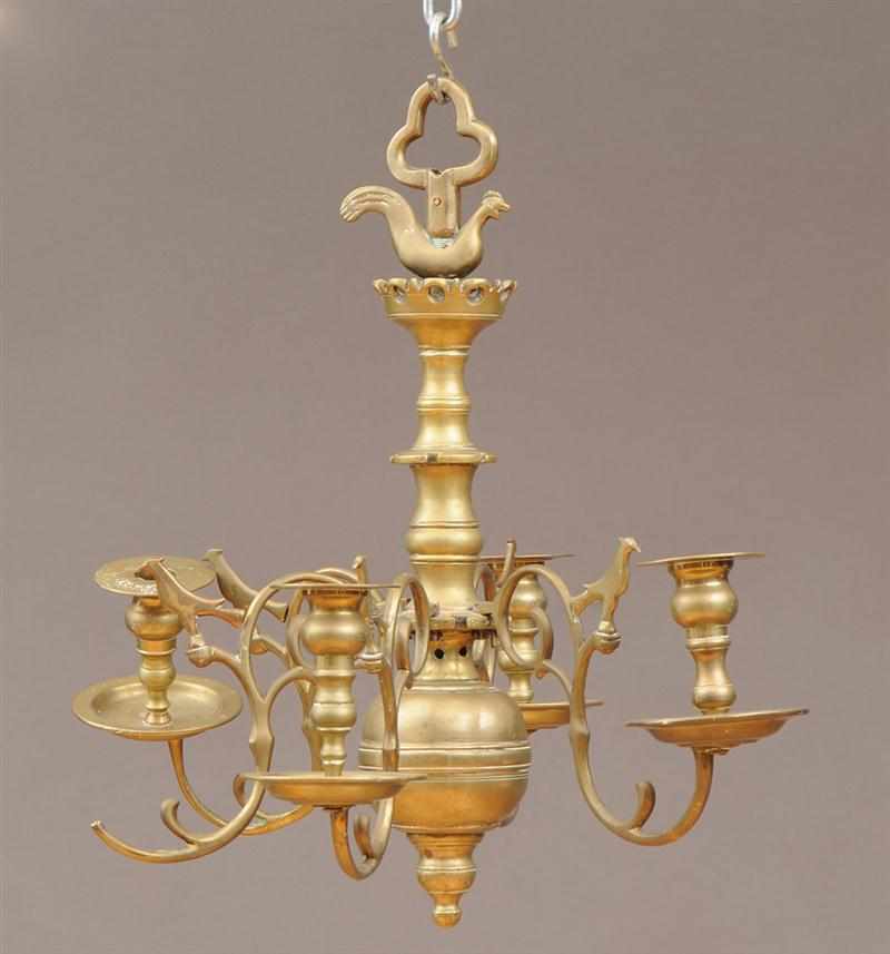 Appraisal: BAROQUE STYLE BRASS SIX-LIGHT CHANDELIER The stem with hen and