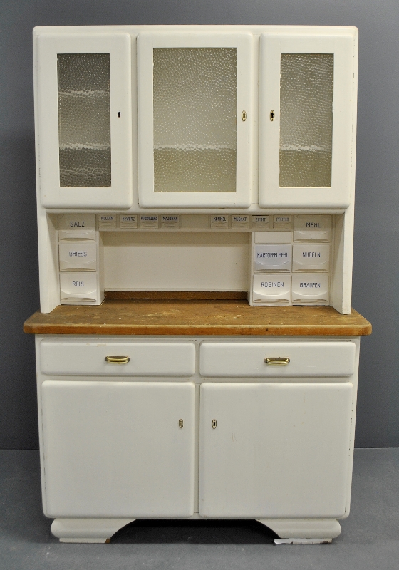 Appraisal: - German white painted two-piece pine Hoosier cabinet c h