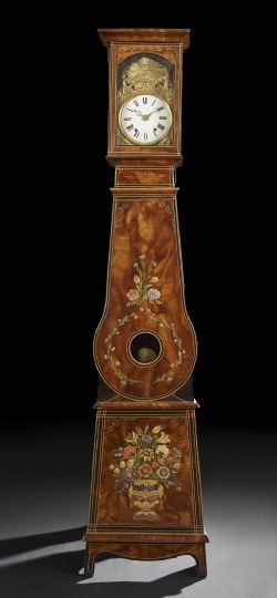 Appraisal: French Provincial Grained and Floral-Polychromed Wooden Tallcase Clock second quarter