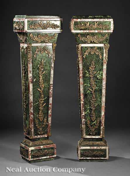 Appraisal: A Pair of R gence-Style Bronze-Mounted Variegated Marble Pedestals stepped