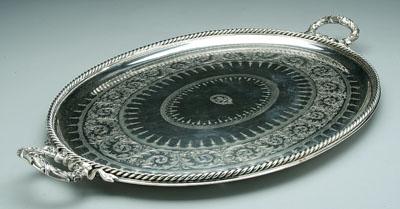 Appraisal: Sheffield oval silver plated tray applied rope border two handles