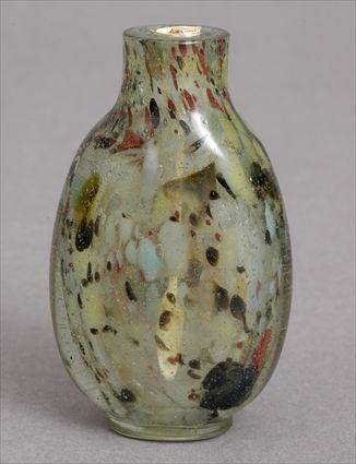 Appraisal: PEKING SPATTER GLASS SNUFF BOTTLE Of flattened ovoid form with