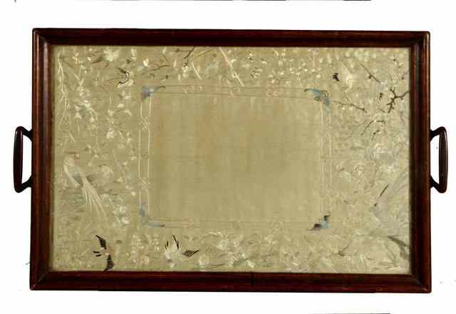 Appraisal: A CHINESE EMBROIDERED SILK PANEL mounted as a tray the