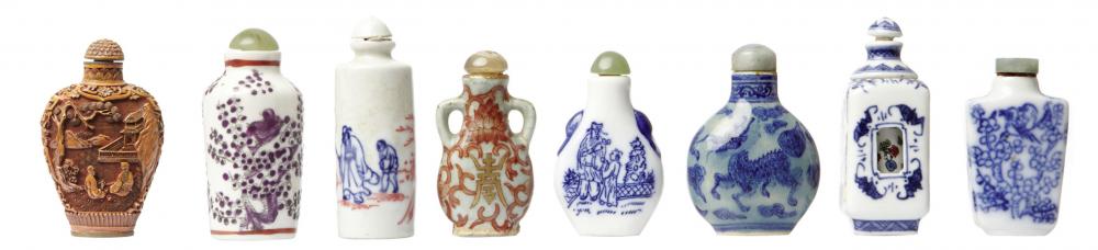 Appraisal: EIGHT CHINESE SNUFF BOTTLES INCLUDING A CINNABAR LACQUER OF FLATTENED