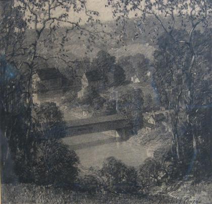 Appraisal: CHARLES SCHELL CORSON american - VIEW OF COVERED BRIDGE Charcoal