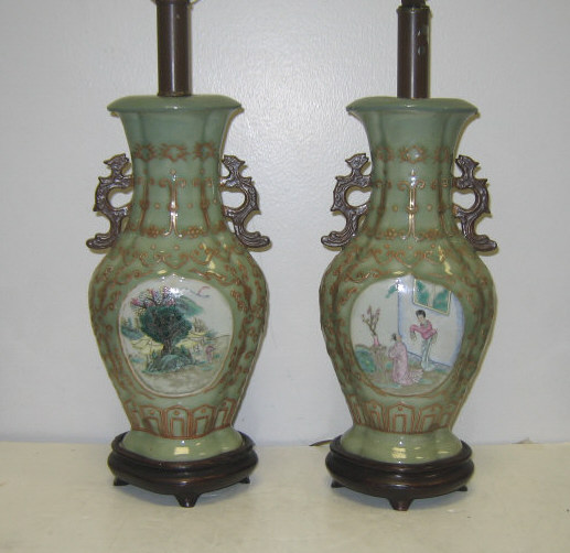 Appraisal: PAIR OF CHINESE CELADON PORCELAIN VASES Double handled of flattened