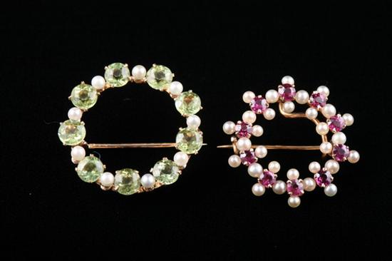 Appraisal: TWO YELLOW GOLD SEED PEARL AND COLORED GEMSTONE CIRCLE PINS