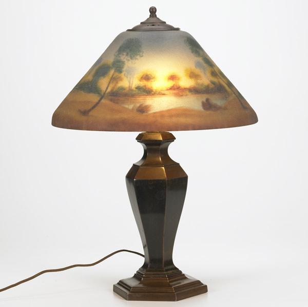 Appraisal: CLASSIQUE Table lamp with a textured glass shade reverse-painted with