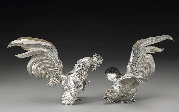 Appraisal: An Elizabeth II silver pair of fighting cockerel figuresEdward Barnard