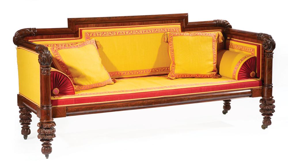 Appraisal: American Classical Carved Mahogany Box Sofa c New York stepped