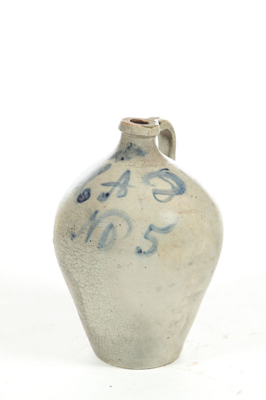 Appraisal: THREE-GALLON STONEWARE JUG Attributed to Ohio Strap handle with impressed