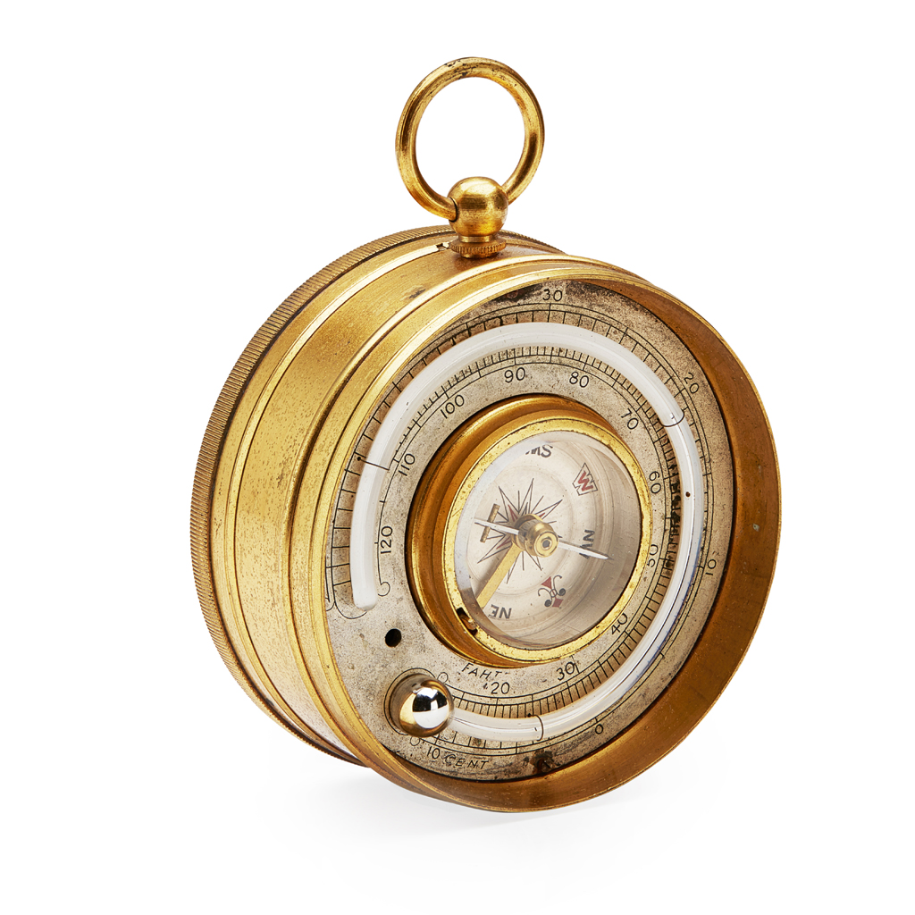 Appraisal: CASED BRASS POCKET BAROMETER-THERMOMETER-COMPASS CIRCA with an adjustable aneroid barometer