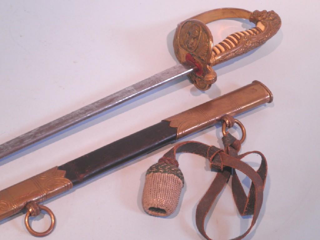 Appraisal: A Naval dress sword with brass fittings and leather scabbard