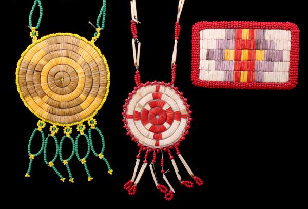 Appraisal: LATE TH C NATIVE AMERICAN QUILL WORK ORNAMENTSThe three dyed